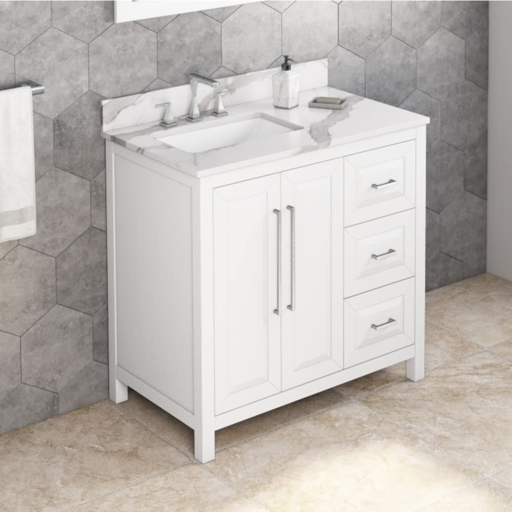 Jeffrey Alexander VKITCAD36WHCQR 36" White Cade Vanity, left offset, Calacatta Vienna Quartz Vanity Top, undermount rectangle bowl