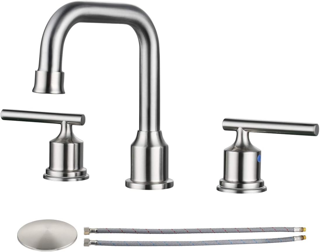 WOWOW 2 Handles 8 inch Widespread High Arc Bathroom Faucet Brushed Nickel Lavatory Faucet 3 Hole 360°Swivel Spout Modern Sink Basin Faucets