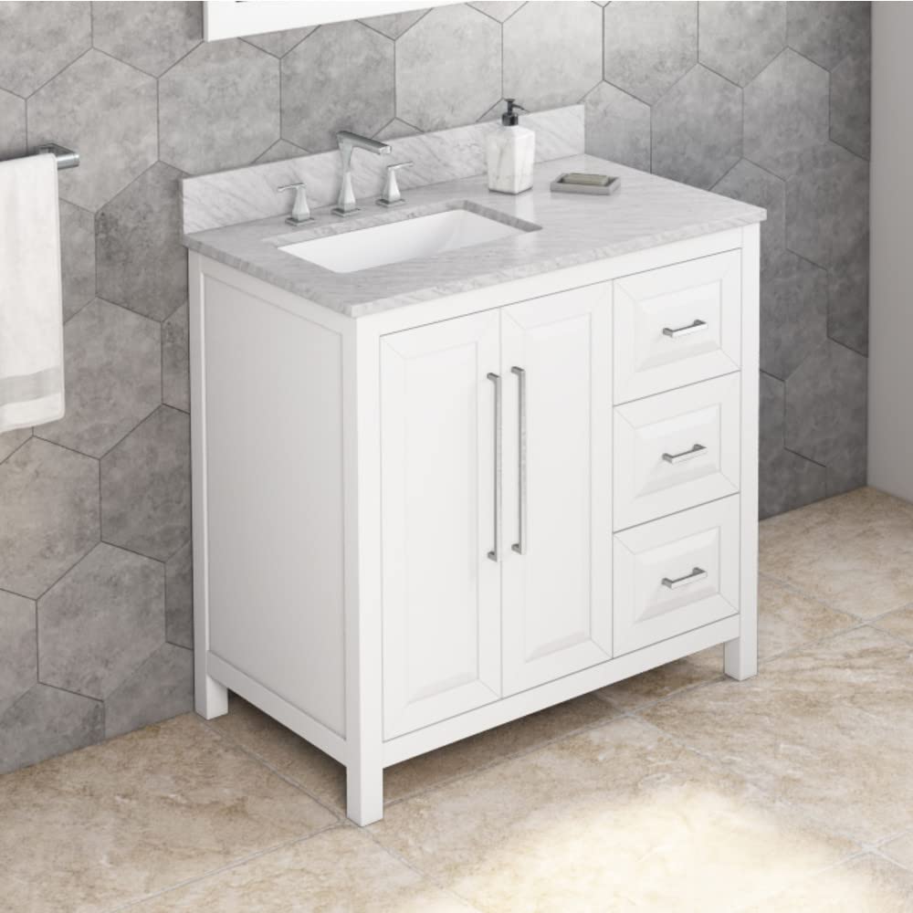 Jeffrey Alexander VKITCAD36WHWCR 36" White Cade Vanity, left offset, White Carrara Marble Vanity Top, undermount rectangle bowl