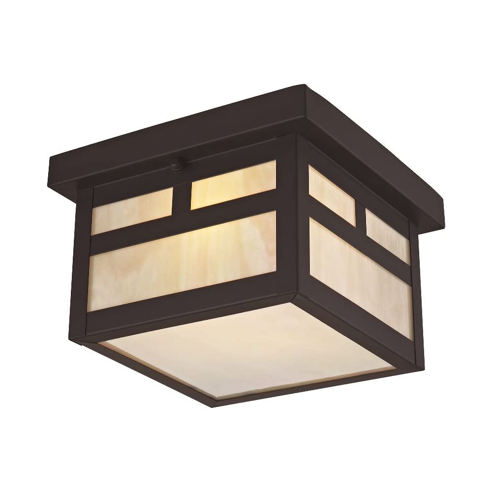 Livex Lighting 2138-07 Montclair Mission 1 Light Outdoor Bronze Finish Solid Brass Ceiling Mount with Iridescent Tiffany Glass, 5.50x8.00x8.00