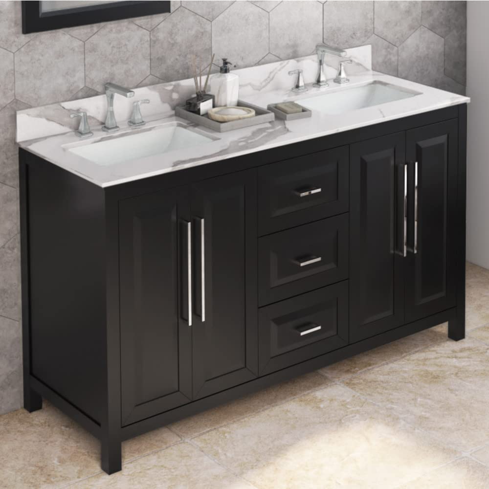 Jeffrey Alexander VKITCAD60BKCQR 60" Black Cade Vanity, double bowl, Calacatta Vienna Quartz Vanity Top, two undermount rectangle bowls