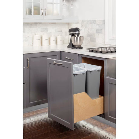 Hardware Resources CDM-WBMD5018G Double 50 Quart Wood Bottom-Mount Soft-close Trashcan Pullout for Door Mounting, Includes Two Grey Cans