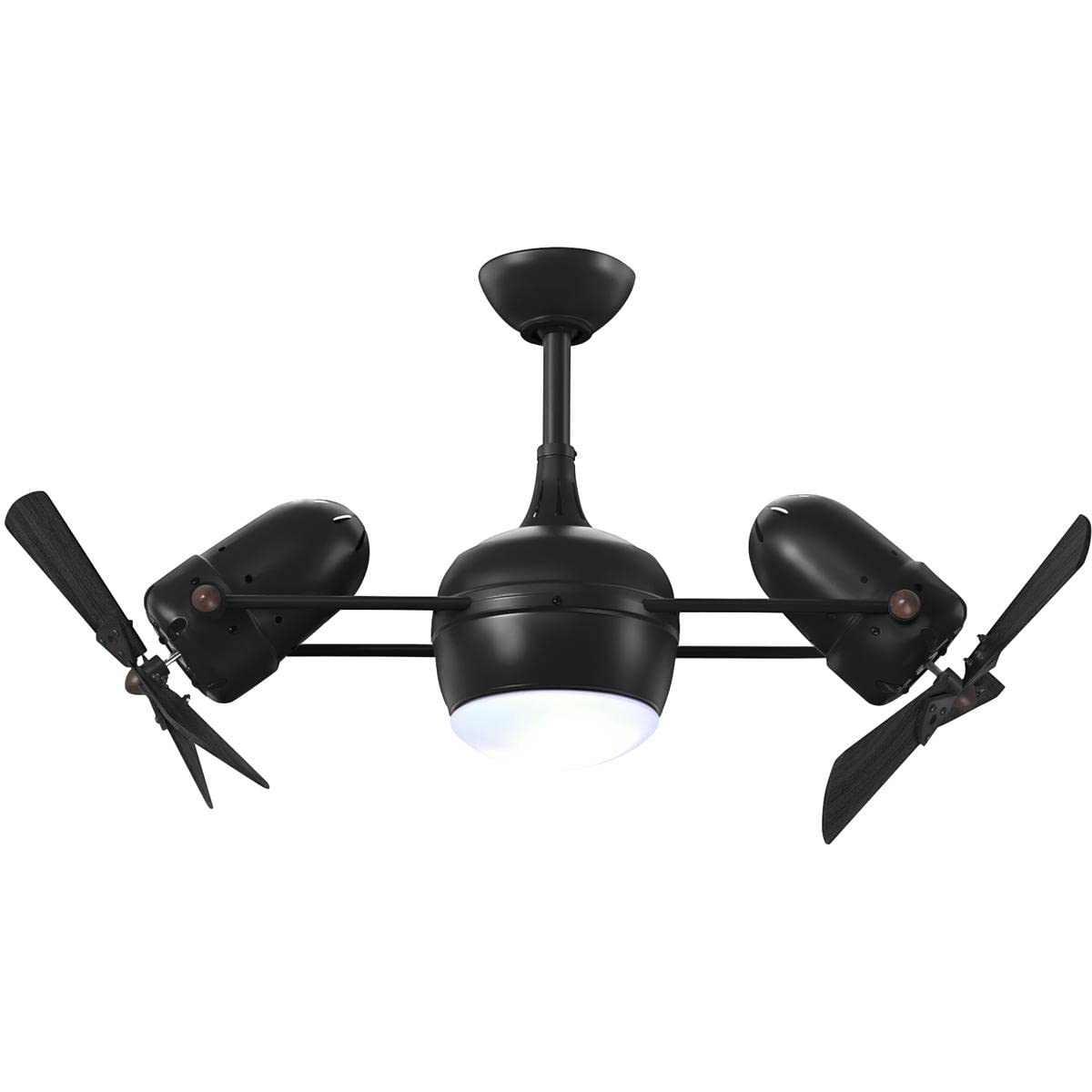 Matthews Fan DGLK-BK-WD Dagny 360° double-headed rotational ceiling fan with light kit in Matte Black finish with solid mahogany tone wood blades.