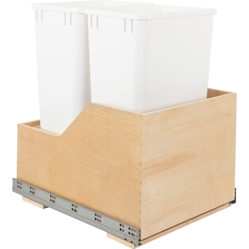 Hardware Resources CAN-WBMD5018WH Double 50 Quart Wood Bottom-Mount Soft-Close Trashcan Rollout for Hinged Doors, Includes Two White Cans