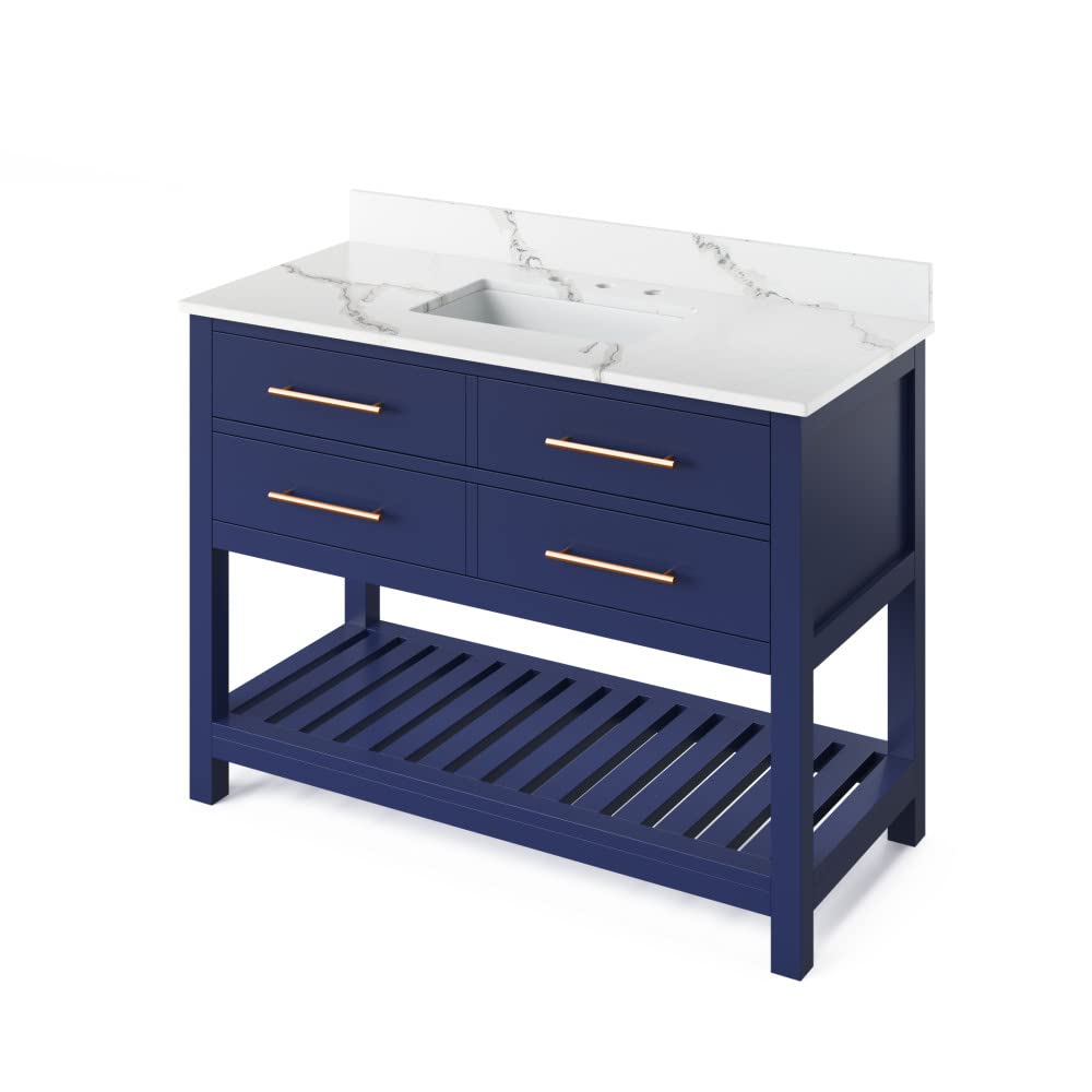 Jeffrey Alexander VKITWAV48BLCQR 48" Hale Blue Wavecrest Vanity, Calacatta Vienna Quartz Vanity Top, undermount rectangle bowl