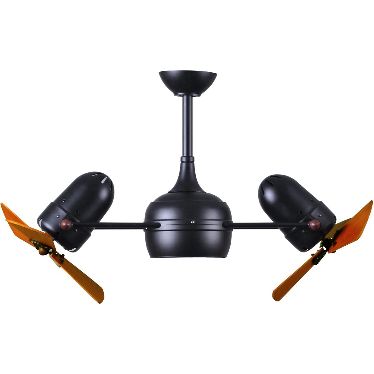 Matthews Fan DGLK-BK-WD Dagny 360° double-headed rotational ceiling fan with light kit in Matte Black finish with solid mahogany tone wood blades.