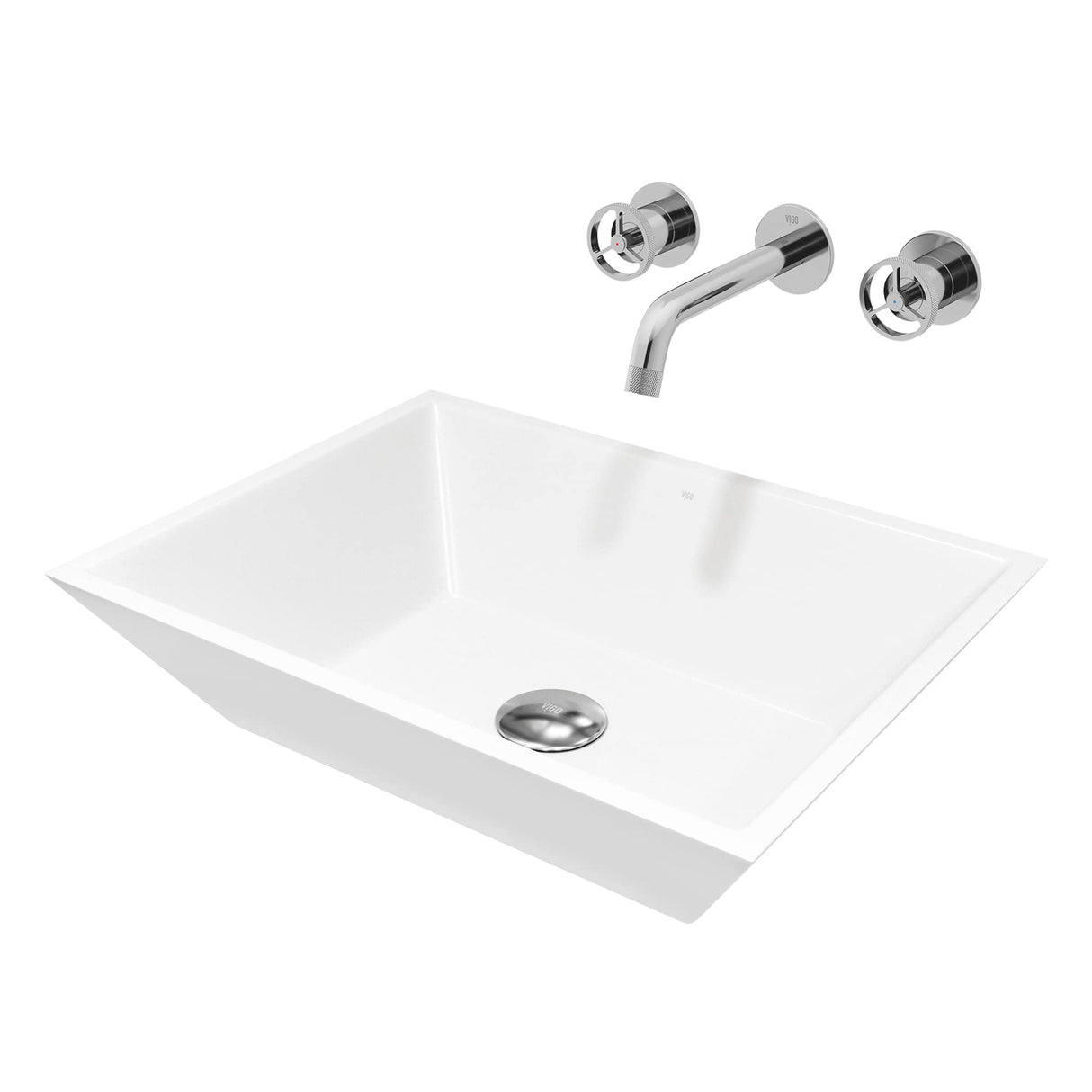 VIGO VGT2066 13.75" L -18.0" W -4.63" H Matte Stone Vinca Composite Rectangular Vessel Bathroom Sink in White with Wall-Mount Faucet and Pop-Up Drain in Chrome