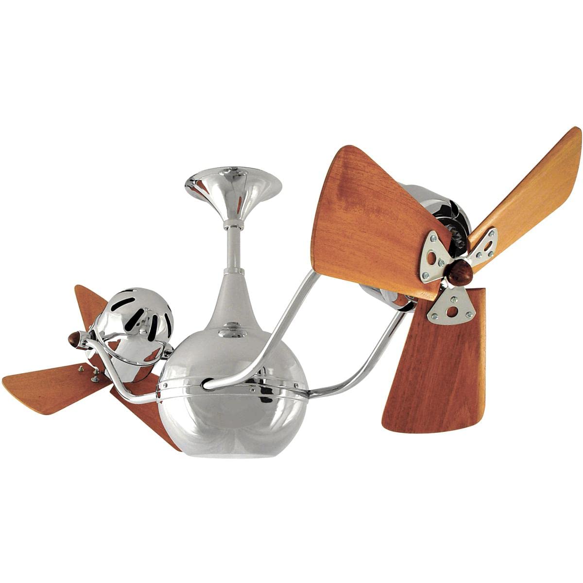 Matthews Fan VB-CR-WD-DAMP Vent-Bettina 360° dual headed rotational ceiling fan in polished chrome finish with solid sustainable mahogany wood blades for damp location.