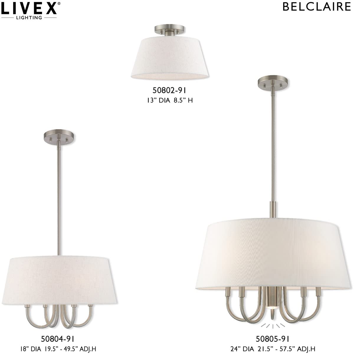 Livex Lighting 50805-91 Belclaire - Six Light Chandelier, Brushed Nickel Finish with Oatmeal Fabric Shade