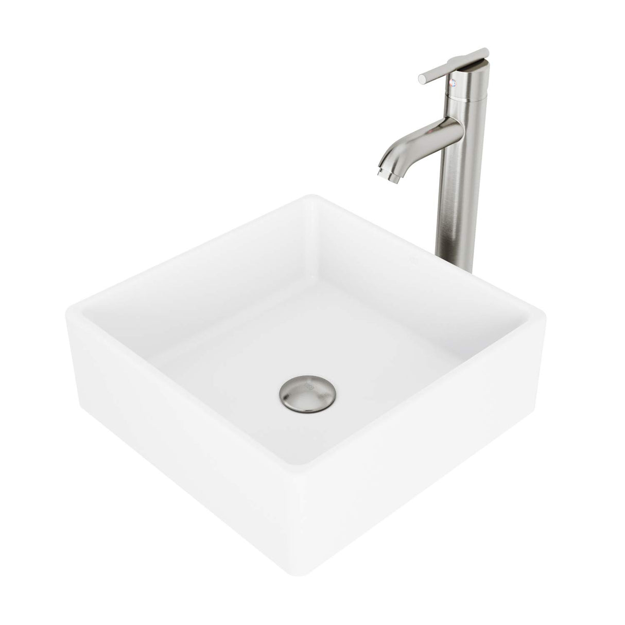 VIGO VGT1001 14.5" L -14.5" W -13.0" H Dianthus Handmade Matte Stone Square Vessel Bathroom Sink Set in Matte White Finish with Brushed Nickel Single-Handle Single Hole Faucet and Pop Up Drain
