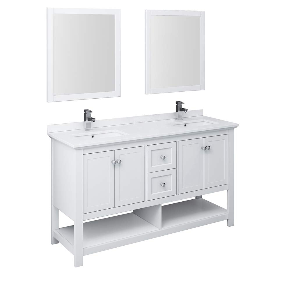 Fresca FVN2360WH-D Fresca Manchester 60" White Traditional Double Sink Bathroom Vanity w/ Mirrors