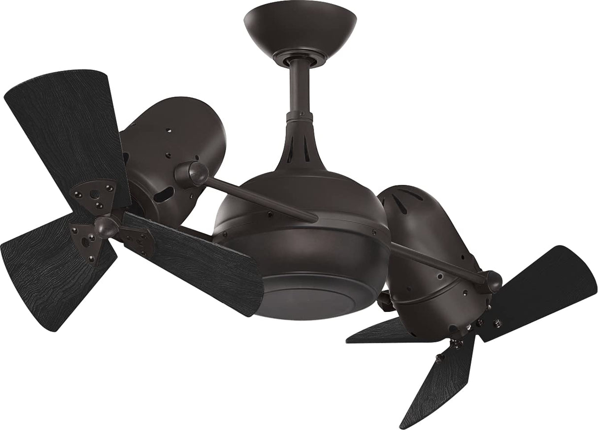 Matthews Fan DG-TB-WDBK Dagny 360° double-headed rotational ceiling fan in Textured Bronze finish with solid matte black wood blades.