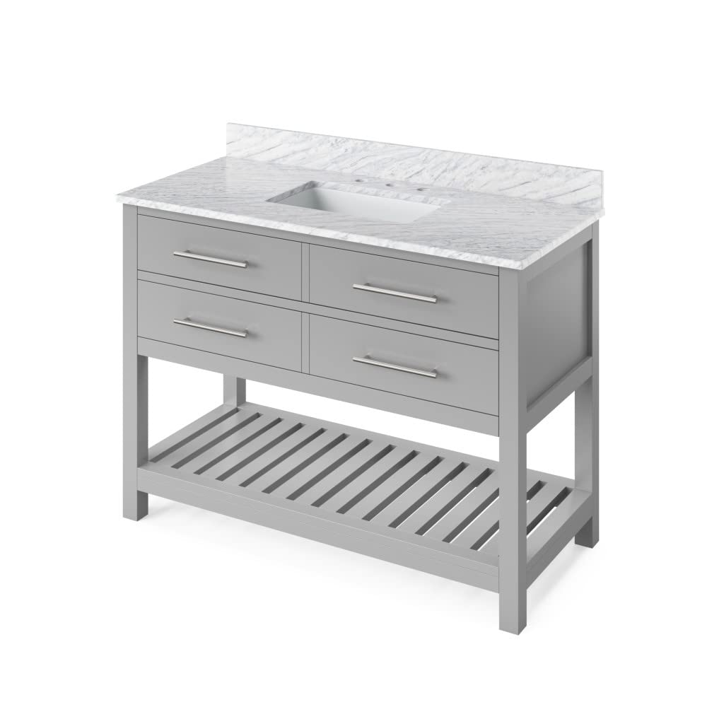 Jeffrey Alexander VKITWAV48GRWCR 48" Grey Wavecrest Vanity, White Carrara Marble Vanity Top, undermount rectangle bowl