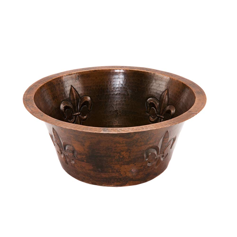 Premier Copper Products BR16FDB2 16-Inch Universal Round Copper with Fleur De Lis Bar Sink and 2-Inch Drain Size, Oil Rubbed Bronze