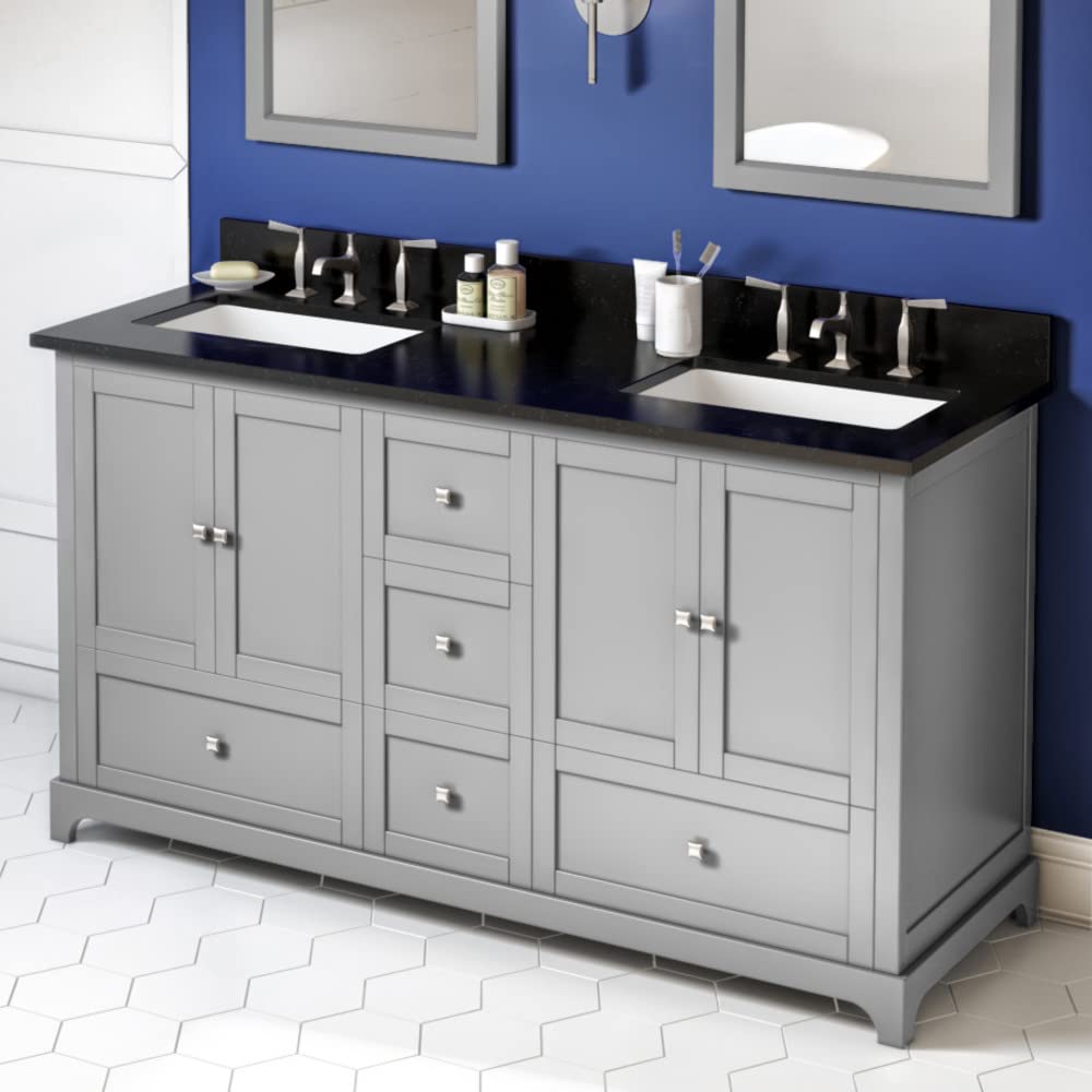 Jeffrey Alexander VKITADD60GRBGR 60" Grey Addington Vanity, double bowl, Black Granite Vanity Top, two undermount rectangle bowls