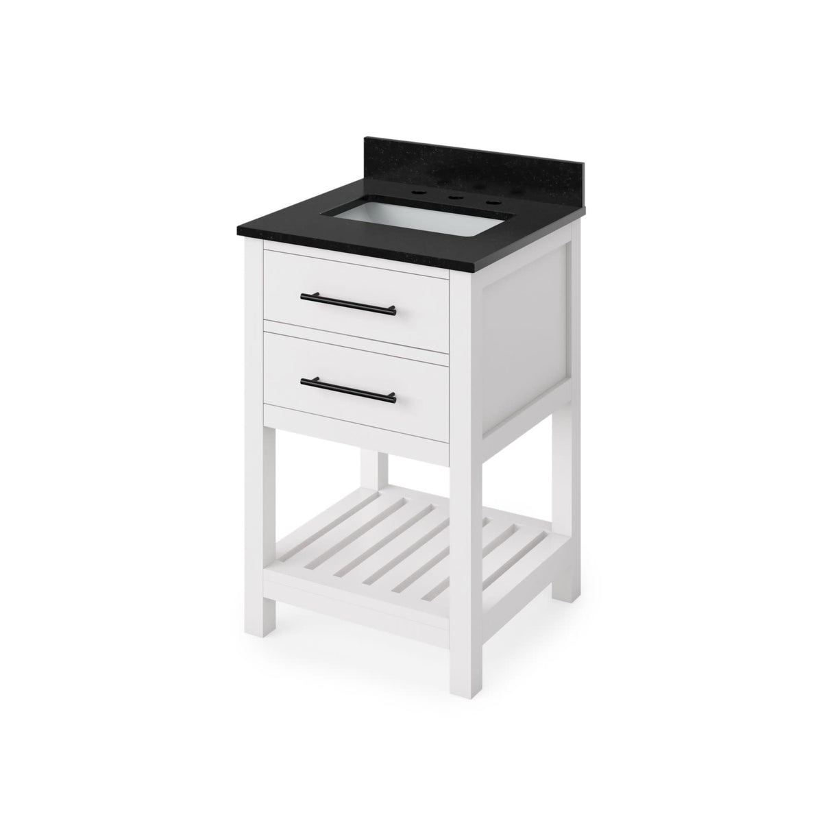 Jeffrey Alexander VKITWAV24WHBGR 24" White Wavecrest Vanity, Black Granite Vanity Top, undermount rectangle bowl