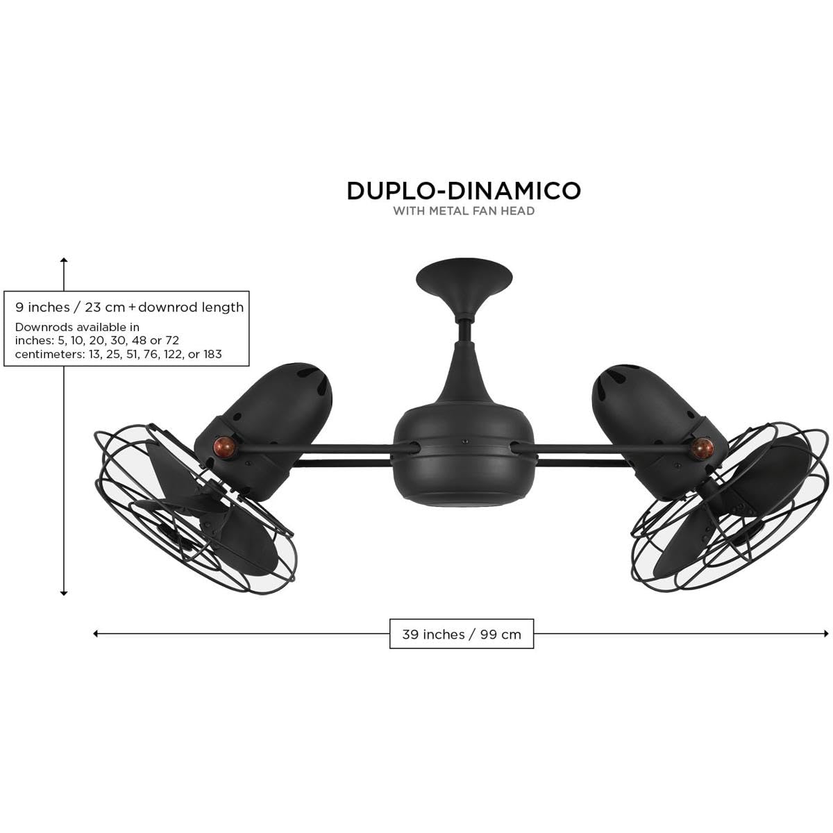 Matthews Fan DD-BK-MTL Duplo Dinamico 360” rotational dual head ceiling fan in Matte Black finish with Metal blades.