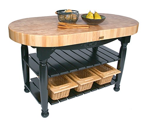 John Boos CU-HAR60-CB Maple Harvest Table - 60" x 30" Oval 4" Thick End-Grain Butcher Block Top, Caribbean Blue Base.