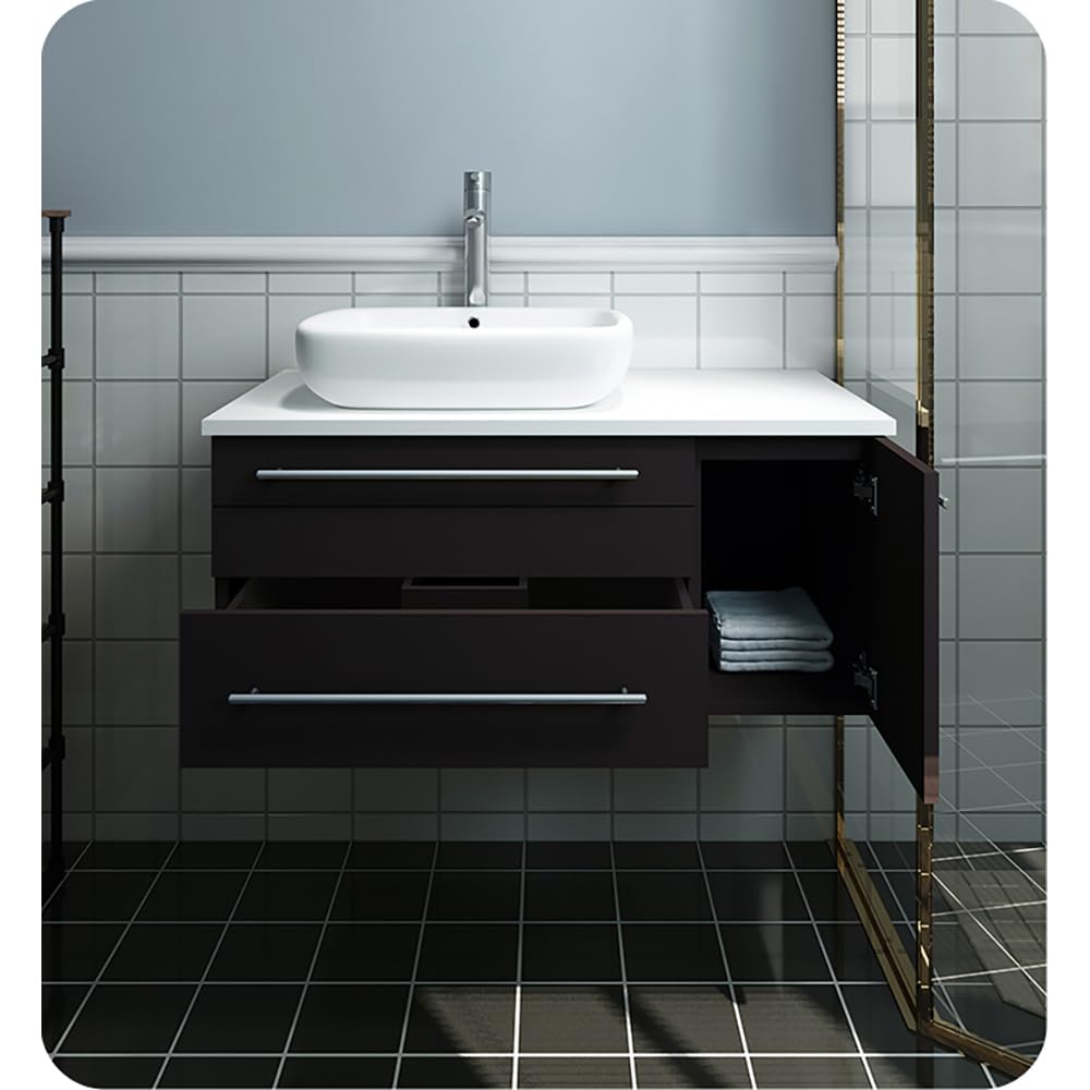 Fresca FCB6136WH-VSL-L-CWH-V Fresca Lucera 36" White Wall Hung Modern Bathroom Cabinet w/ Top & Vessel Sink - Left Version