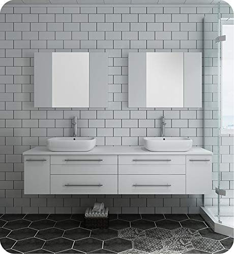 Fresca FCB6172WH-VSL Fresca Lucera 72" White Wall Hung Double Vessel Sink Modern Bathroom Cabinet