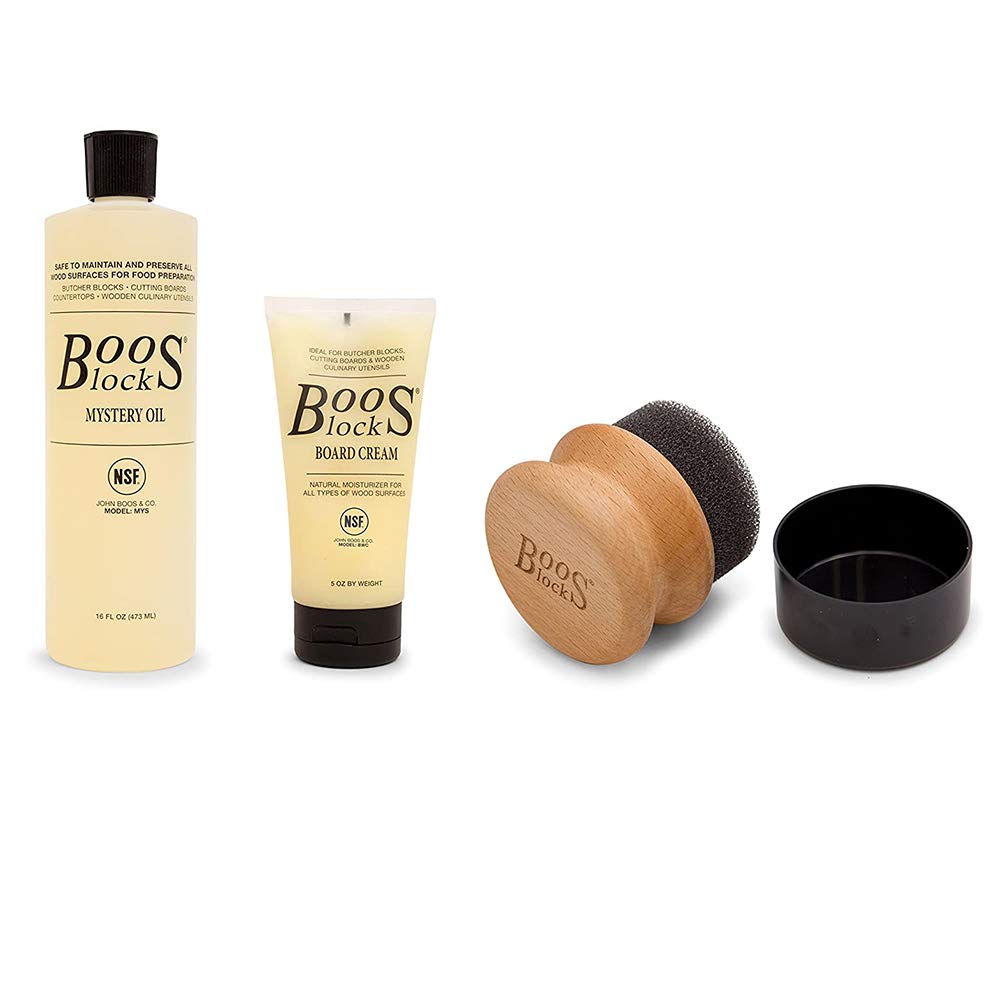John Boos MYSCRMAPP 3 Piece Cutting Charcuterie Board Care & Maintenance Set with Food Safe Mystery Oil, Cream, and Applicator, Wooden Kitchen Essentials MYS OIL 16OZ/CRM 5OZ/APPLICRND-