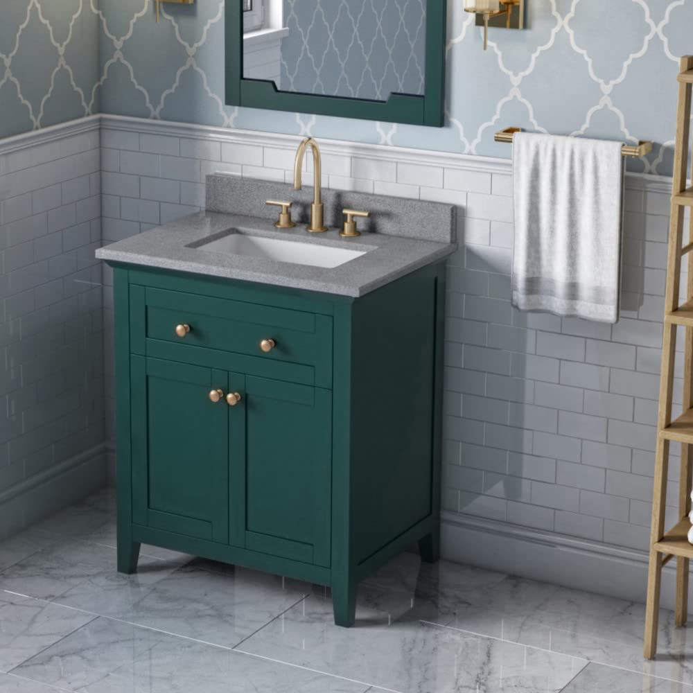 Jeffrey Alexander VKITCHA30GNSGR 30" Forest Green Chatham Vanity, Steel Grey Cultured Marble Vanity Top, undermount rectangle bowl