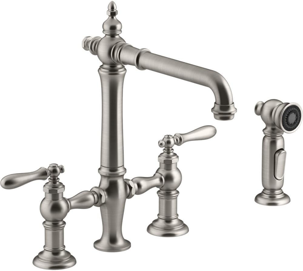 Kohler 76519-4-VS K-76519-4-VS Artifacts Deck-Mount Bridge Kitchen Sink Faucet with Lever Handles and sidespray Vibrant Stainless