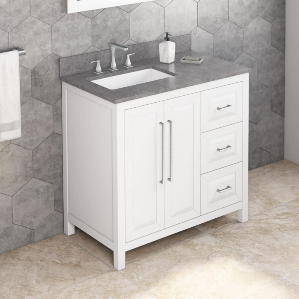 Jeffrey Alexander VKITCAD36WHSGR 36" White Cade Vanity, left offset, Steel Grey Cultured Marble Vanity Top, undermount rectangle bowl