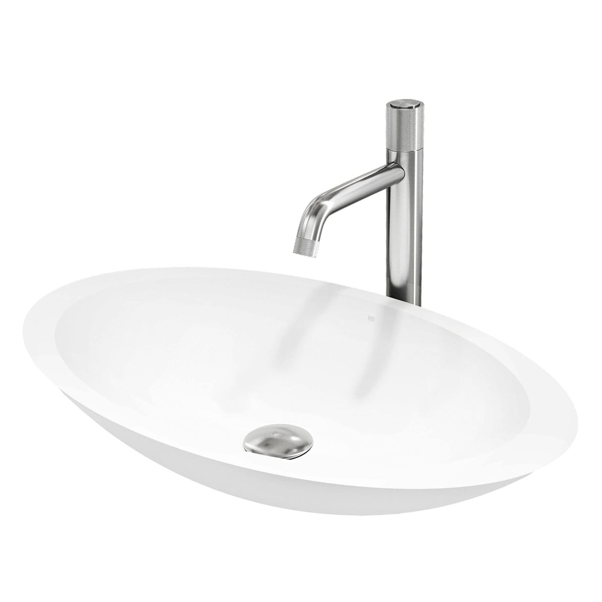 VIGO VGT2051 13.5" L -23.13" W -3.88" H Matte Stone Wisteria Composite Oval Vessel Bathroom Sink in White with Apollo Faucet and Pop-Up Drain in Brushed Nickel