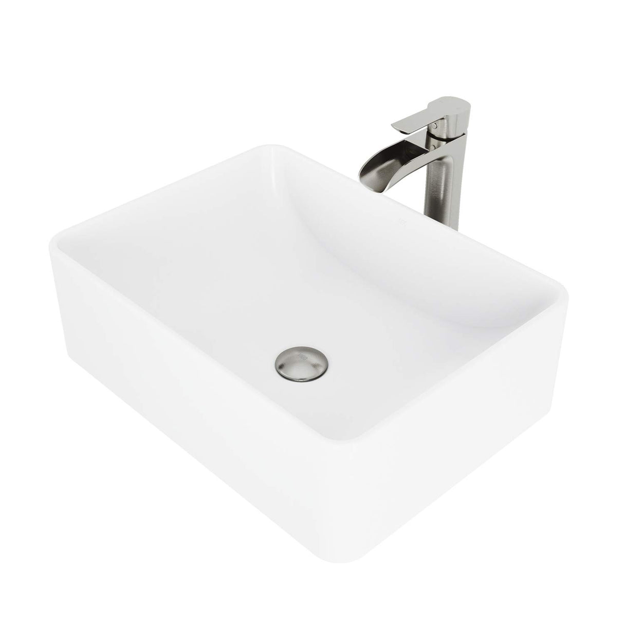 VIGO VGT1088BN 14.38" L -19.75" W -10.5" H Handmade Matte Stone Rectangle Vessel Bathroom Sink Set in Matte White Finish with Brushed Nickel Single-Handle Waterfall Faucet and Pop Up Drain