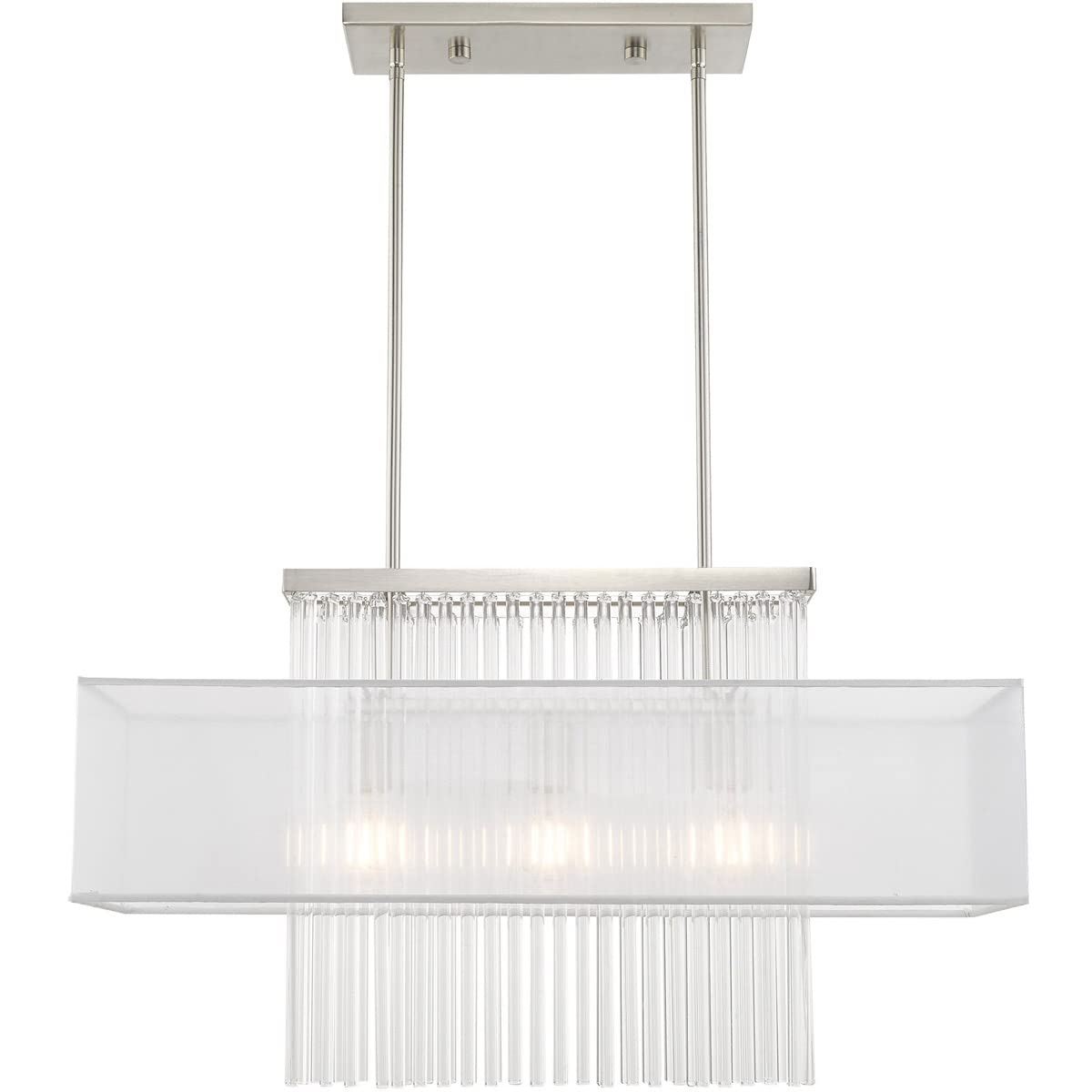 Livex Lighting 41143-91 Alexis - Three Light Linear Chandelier, Brushed Nickel Finish with Translucent Fabric Shade with Clear Rods Crystal