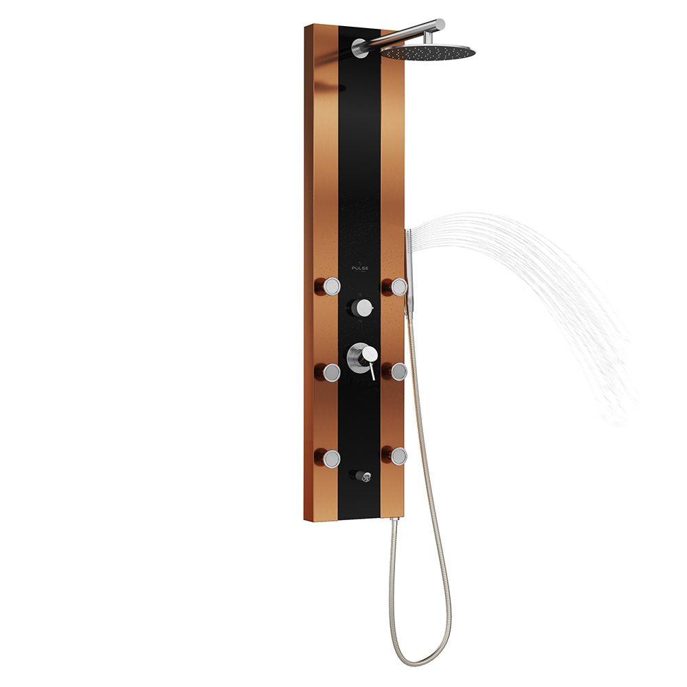 PULSE ShowerSpas 1049B-BN Rio ShowerSpa Panel with 10" Rain Showerhead, 6 Body Spray Jets, Hand Shower and Tub Spout, Black Tempered Glass with Bronze Stainless Steel Body and Brushed Nickel Fixtures