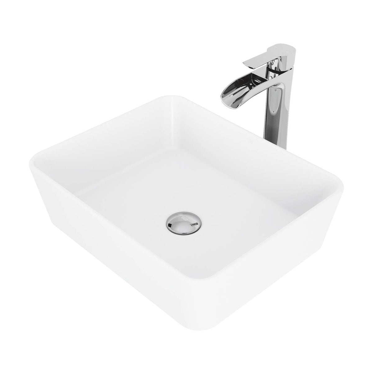 VIGO VGT1085CH 14.38" L -17.75" W -10.5" H Handmade Matte Stone Rectangle Vessel Bathroom Sink Set in Matte White Finish with Chrome Single-Handle Single Hole Waterfall Faucet and Pop Up Drain