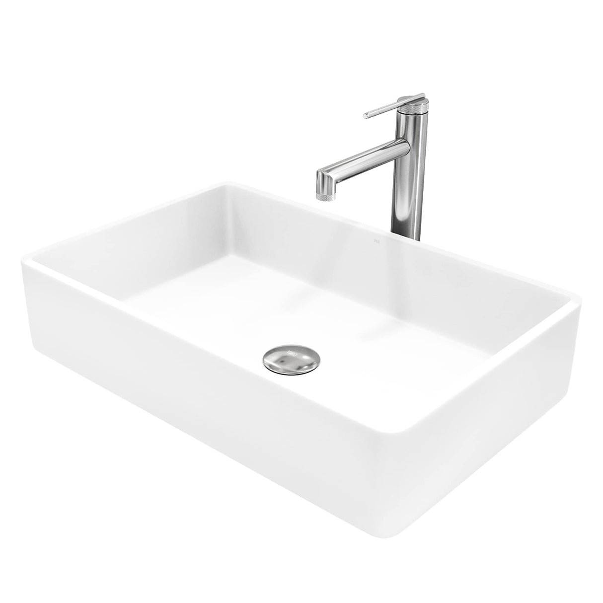 VIGO VGT2054 13.88" L -21.25" W -4.75" H Matte Stone Magnolia Composite Rectangular Vessel Bathroom Sink in White with Sterling Faucet and Pop-Up Drain in Chrome