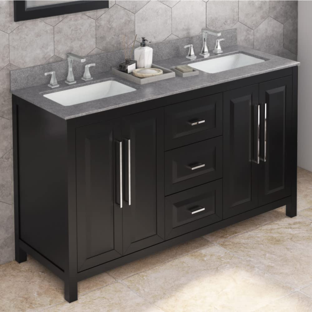 Jeffrey Alexander VKITCAD60BKSGR 60" Black Cade Vanity, double bowl, Steel Grey Cultured Marble Vanity Top, two undermount rectangle bowls