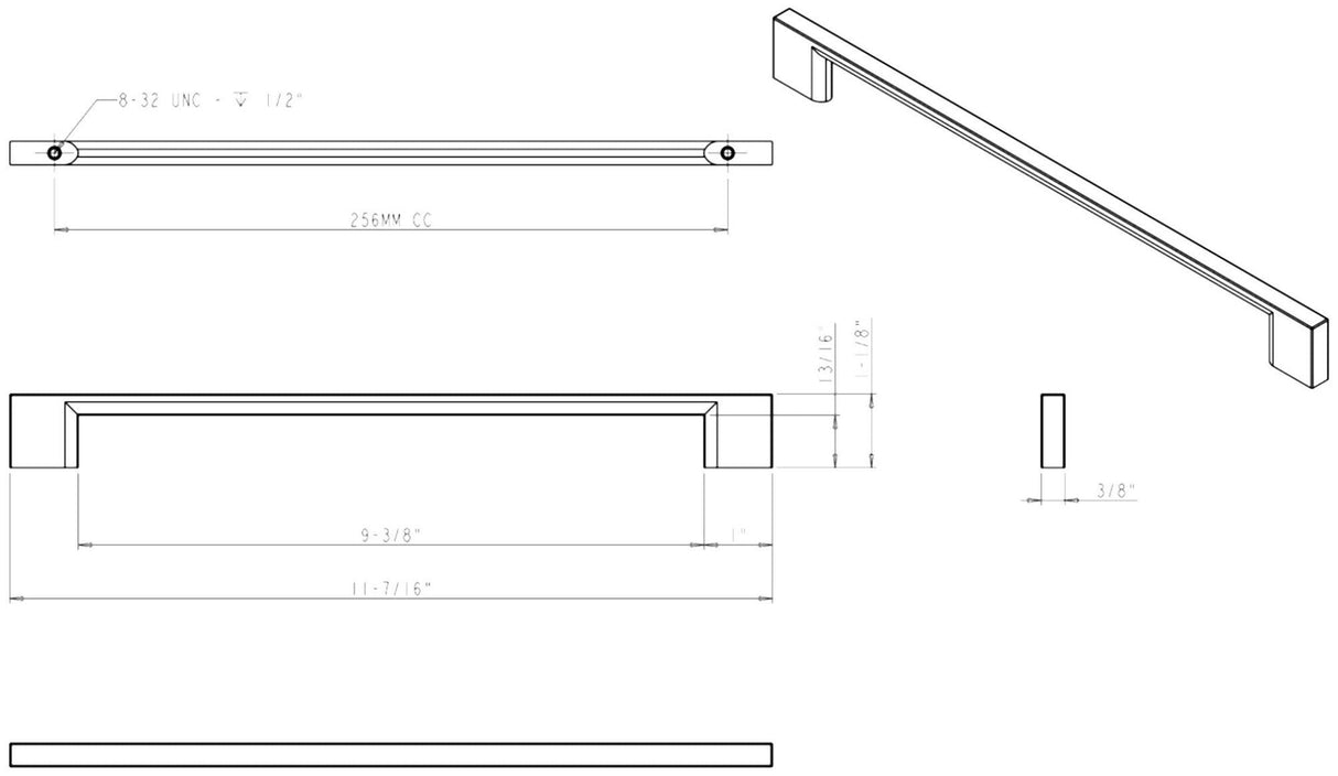 Jeffrey Alexander 635-256PC 256 mm Center-to-Center Polished Chrome Square Sutton Cabinet Bar Pull