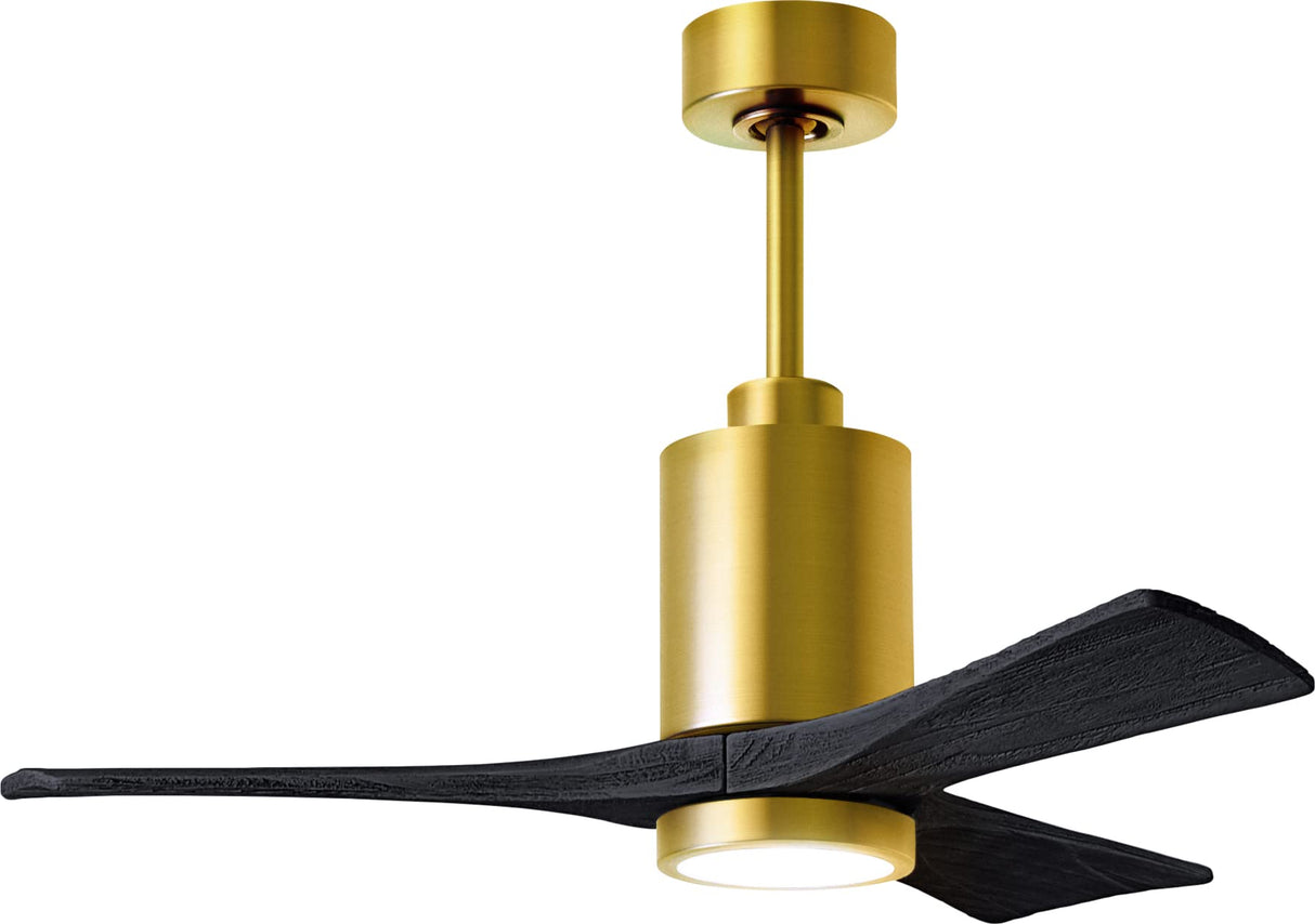Matthews Fan PA3-BRBR-BK-42 Patricia-3 three-blade ceiling fan in Brushed Brass finish with 42” solid matte black wood blades and dimmable LED light kit