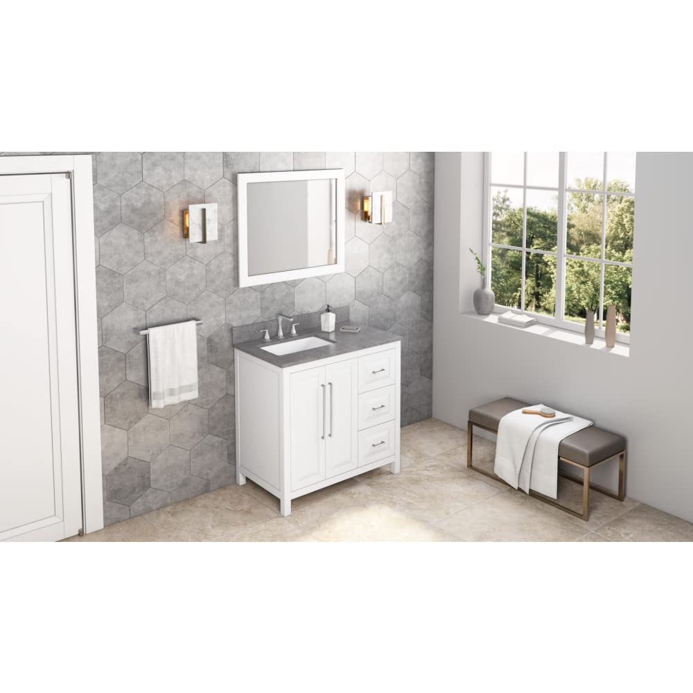 Jeffrey Alexander VKITCAD36WHSGR 36" White Cade Vanity, left offset, Steel Grey Cultured Marble Vanity Top, undermount rectangle bowl
