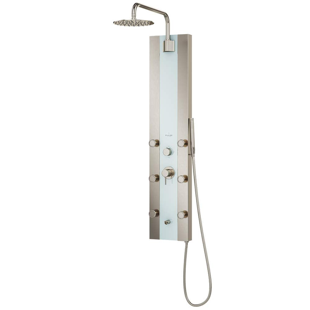 PULSE ShowerSpas 1039W-BN-1.8GPM Tropicana ShowerSpa Panel with 10" Rain Showerhead, 6 Body Spray Jets and Hand Shower, White Glass with Brushed Nickel Fixtures, 1.8 GPM