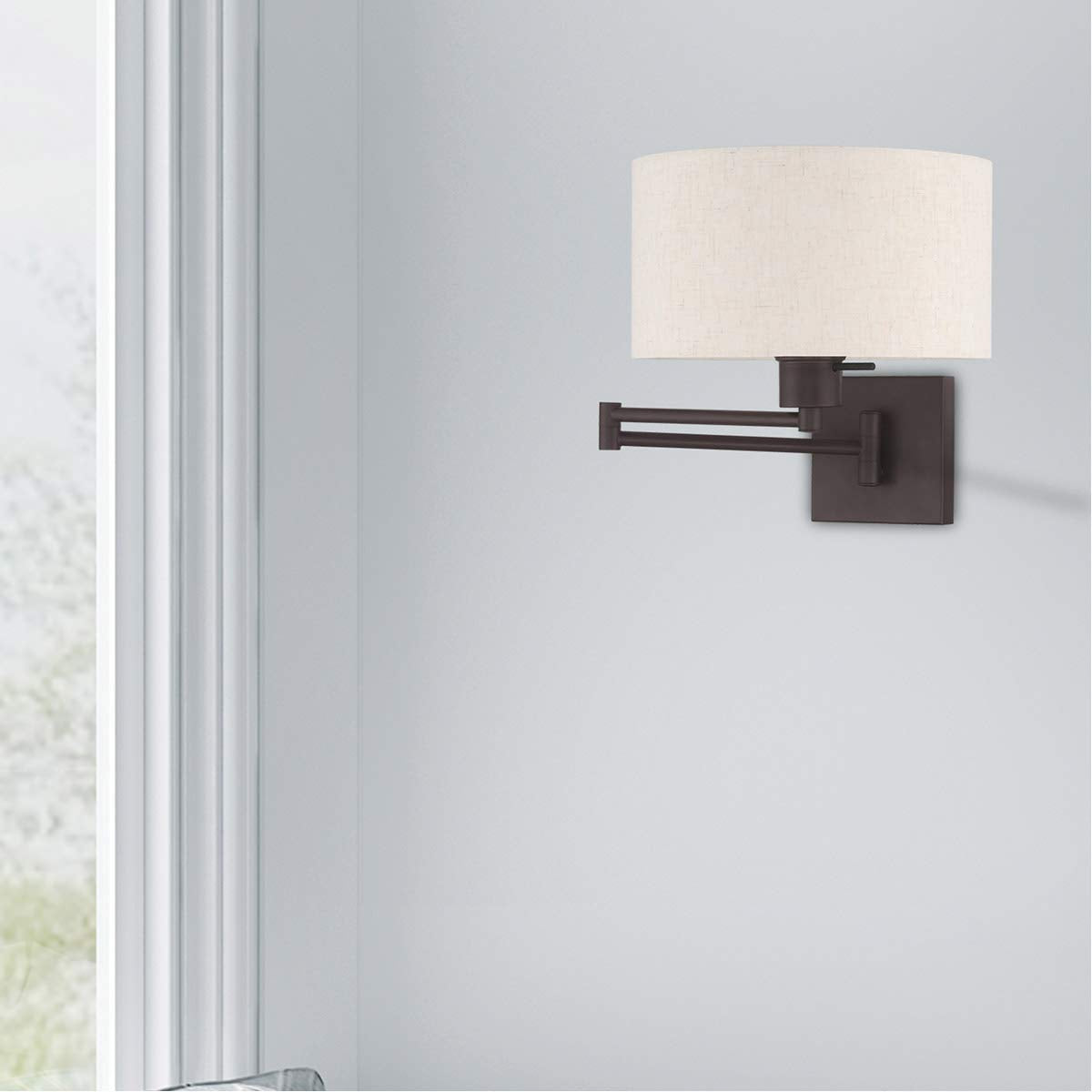Livex Lighting 40037-07 24.25" One Light Swing Arm Wall Mount, Bronze Finish with Oatmeal Fabric Shade