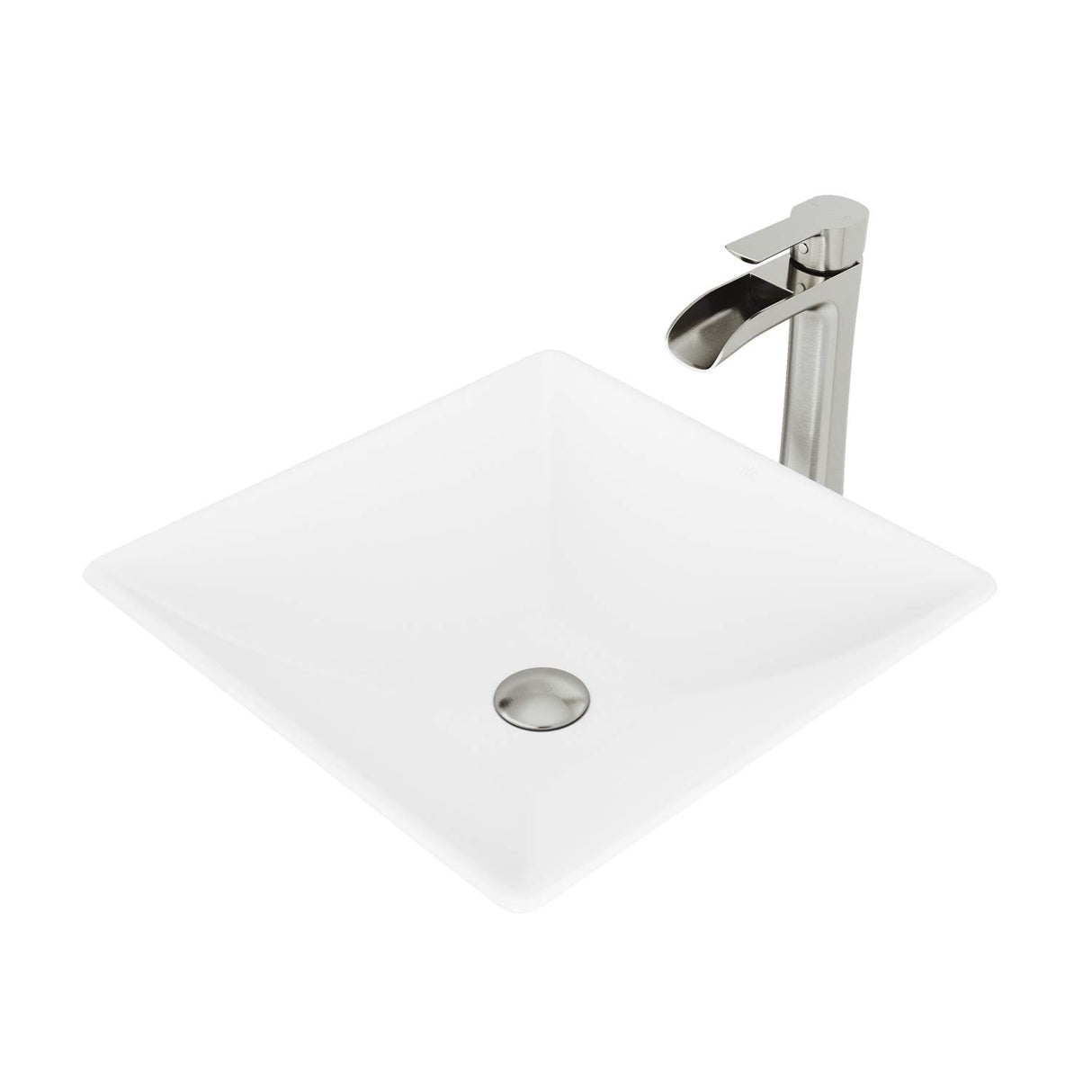 VIGO VGT1086BN 16.0" L -16.0" W -10.5" H Handmade Countertop Matte Stone Square Vessel Bathroom Sink Set in Matte White Finish with Brushed Nickel Single-Handle Waterfall Faucet and Pop Up Drain