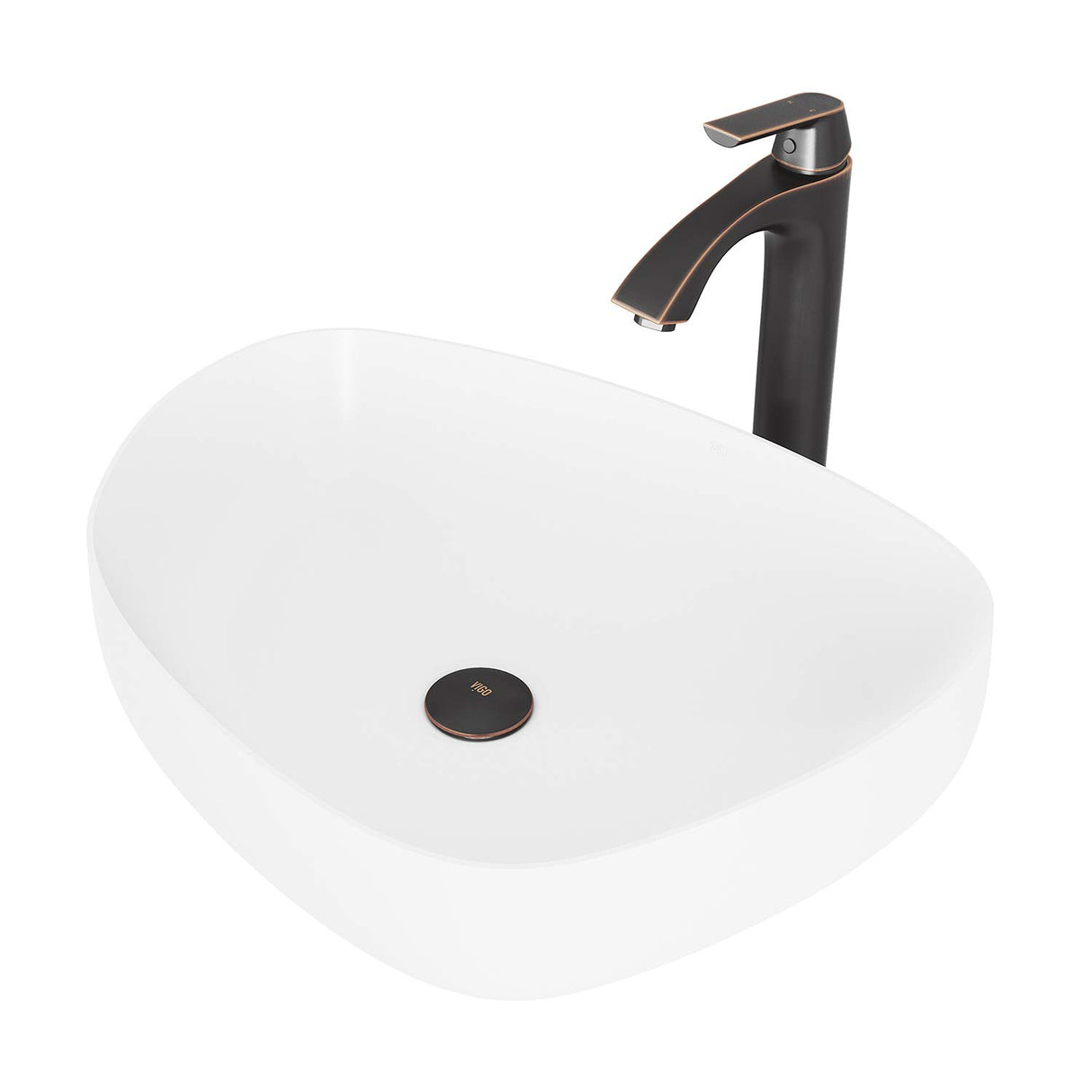 VIGO VGT1251 15.25" L -20.0" W -12.38" H Handmade Countertop Matte Stone Novelty/Specialty Vessel Bathroom Sink Set in Matte White Finish with Antique Rubbed Bronze Faucet and Pop Up Drain