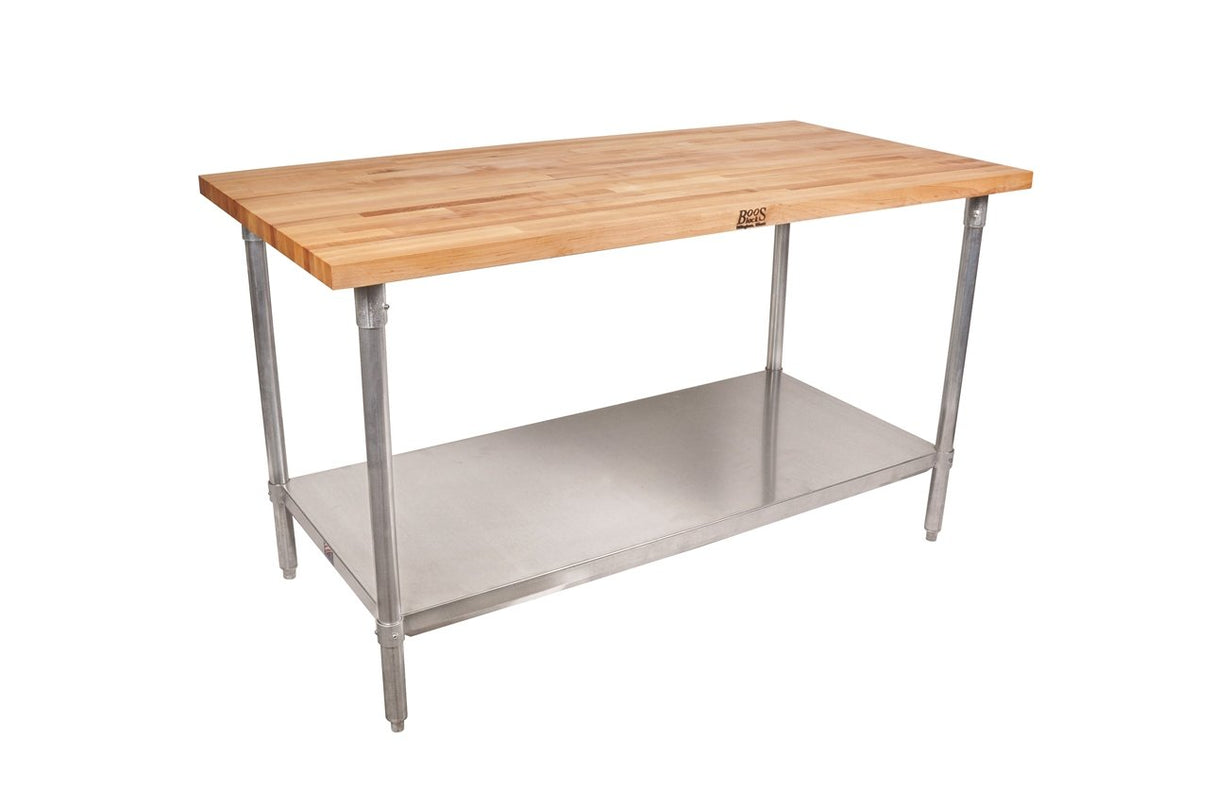 John Boos JNS13 Maple Top Work Table with Galvanized Steel Base and Adjustable Lower Shelf, 96" Long x 30" Wide 1-1/2" Thick
