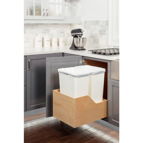 Hardware Resources CAN-WBMD5018WH Double 50 Quart Wood Bottom-Mount Soft-Close Trashcan Rollout for Hinged Doors, Includes Two White Cans