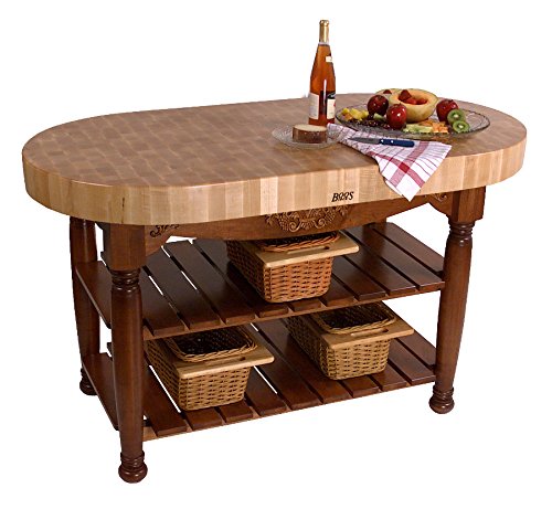 John Boos CU-HAR60-CB Maple Harvest Table - 60" x 30" Oval 4" Thick End-Grain Butcher Block Top, Caribbean Blue Base.