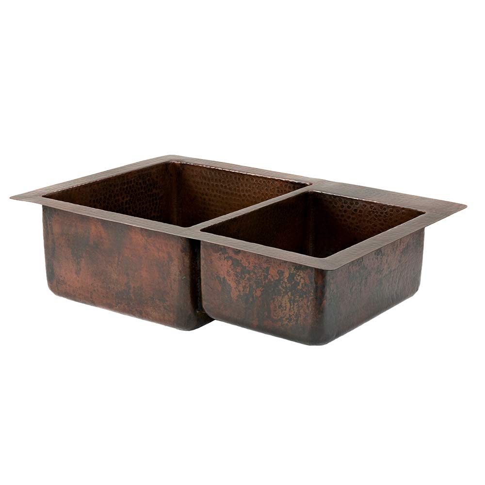 Premier Copper Products K60DB33229 33-Inch Hammered Copper Kitchen 60/40 Double Basin Sink, Oil Rubbed Bronze