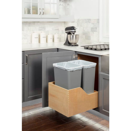 Hardware Resources CAN-WBMD5018G Double 50 Quart Wood Bottom-Mount Soft-Close Trashcan Rollout for Hinged Doors, Includes Two Grey Cans