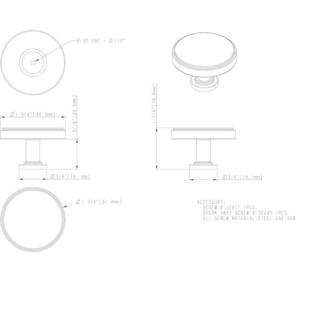 Jeffrey Alexander 171L-SN 1-3/4" Diameter Satin Nickel Richard Cabinet Knob