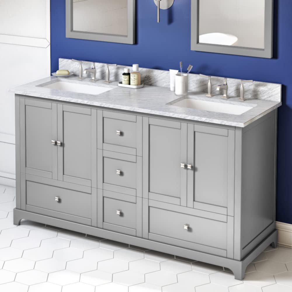 Jeffrey Alexander VKITADD60GRWCR 60" Grey Addington Vanity, double bowl, White Carrara Marble Vanity Top, two undermount rectangle bowls