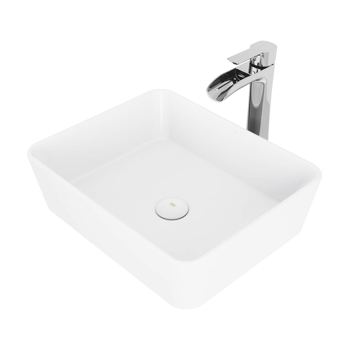 VIGO VGT1085MW 14.38" L -17.75" W -10.5" H Handmade Matte Stone Rectangle Vessel Bathroom Sink Set in Matte White Finish with Chrome Single-Handle Single Hole Waterfall Faucet and Pop Up Drain
